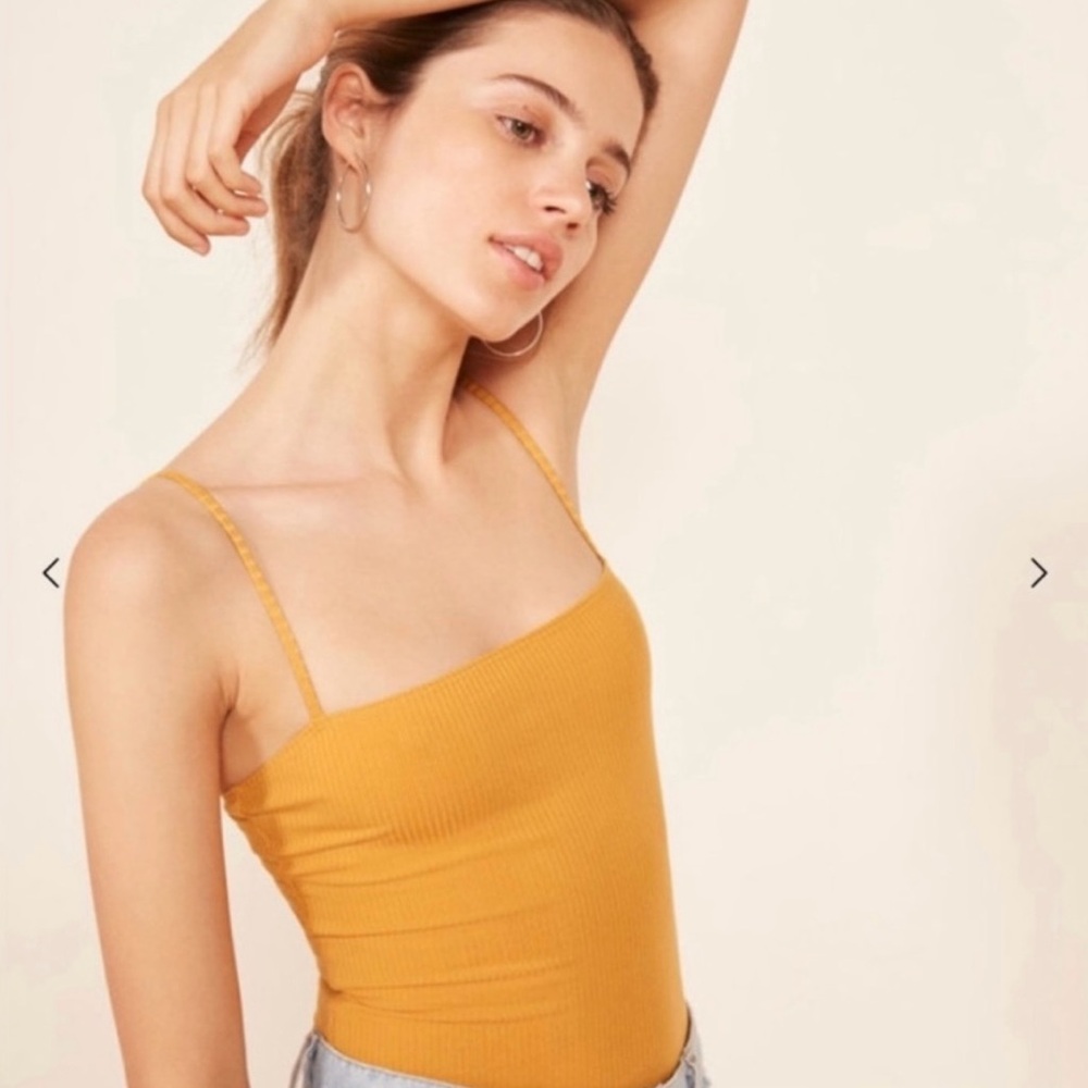 Reformation Crystal Bodysuit in Mustard Yellow